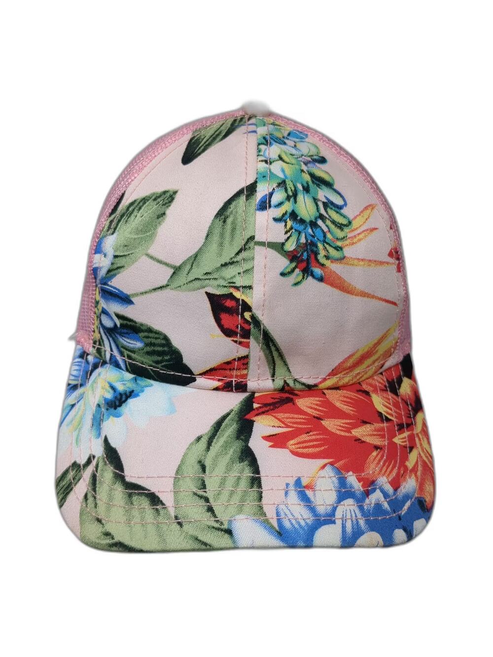 C.C Pink Floral Trucker Hat One Size Adjustable Mesh Back Tropical Hibiscus Cap